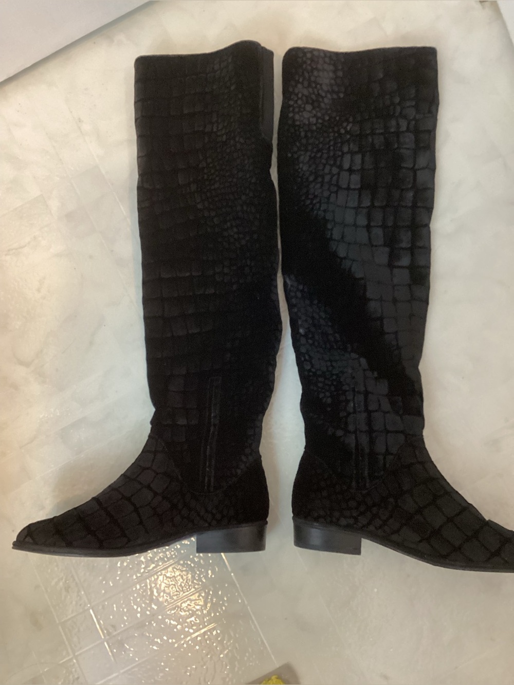 Stuart Weitzman velvet embossed OTK boots black